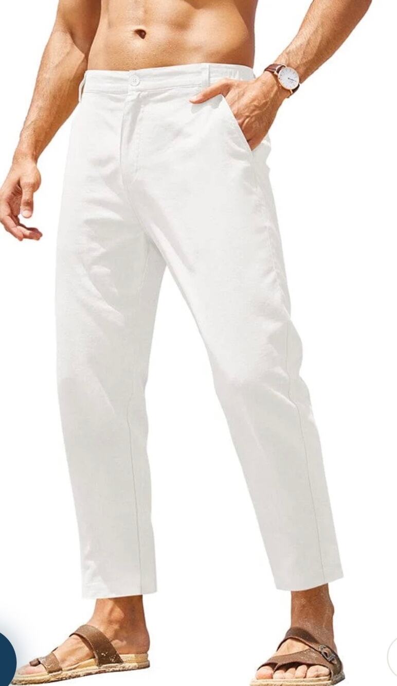 Coofandy Mens White Cotton Linen Casual Drawstring Pants Trousers Size S Small